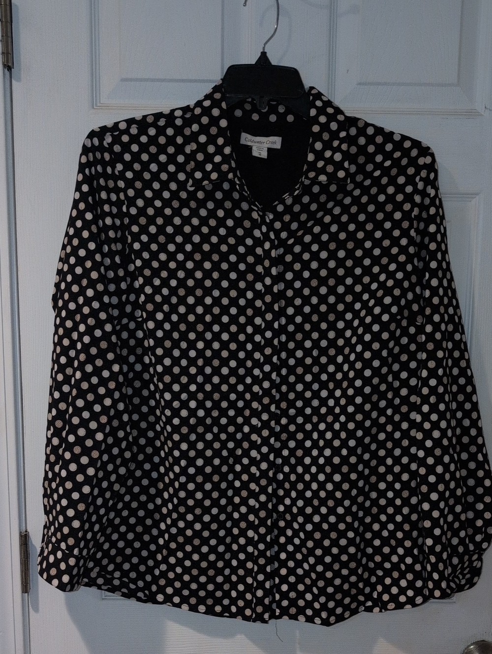 Coldwater Creek Black Blouse with Cream Polka Dots